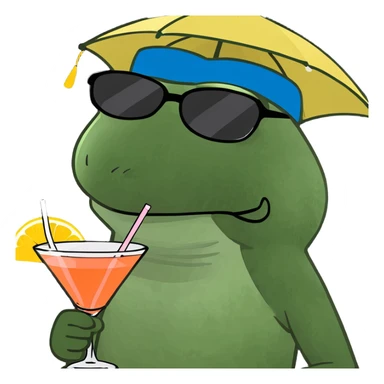 Make this frog look even more like the classic Bufo meme: green, wide-eyed, with the signature Bufo face, wearing a colorful umbrella hat, oversized sunglasses, and holding a pink cocktail with a straw, in bufo style, no background. sticker