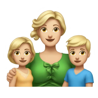Brunette Caucasian plus sized mom, holding young blond 8 year old boy and 18 month old blonde baby girl baby has a bow in her hair sticker