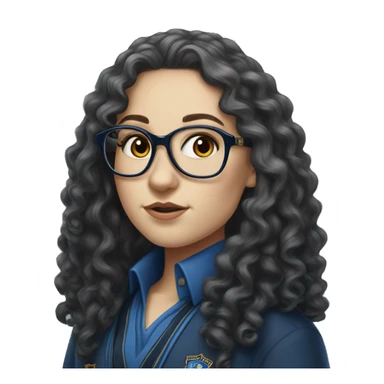 Hyper realistic White girl with long black curly hair and glasses wearing a ravenclaw school inform sticker
