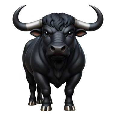 Cinematic Noble Black Bull Portrait Emoji, Poised and regal, with a massive, muscular build and a sleek, well-groomed pure black hide, deep-set soulful dark eyes, Simplified yet sharp and sophisticated features, highly detailed, glowing with a soft, dignified glow, high shine, intelligent and formidable, stylized with an air of strength, focused and attentive, soft glowing outline, capturing the essence of a watchful and confident guardian, so majestic it feels as though it could charge out of the screen with effortless authority! sticker