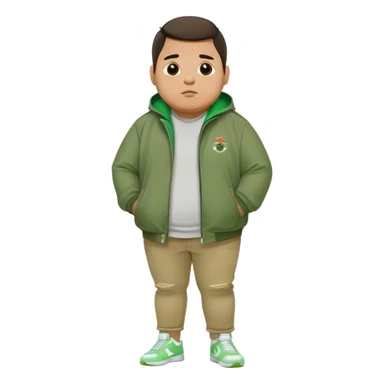 Fat mexican boy with green jacket, skinny khaki jeans, and white nikes sticker