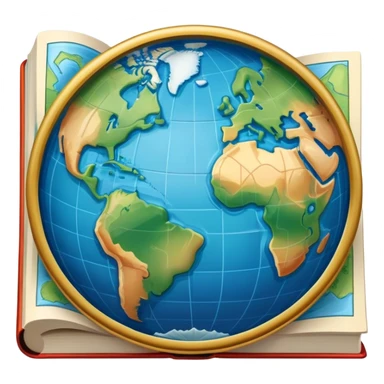 an icon featuring an earth with attitude and longitude lines, a textbook, and a topographic map, symbolizing geography as a science. The design includes a compass, mountain ranges, and rivers, representing the study of Earth's features and landscapes. Transparent background highlights geography. sticker