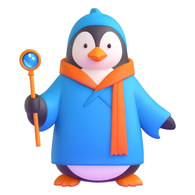 penguin wizard with a blue robe and magic wand sticker