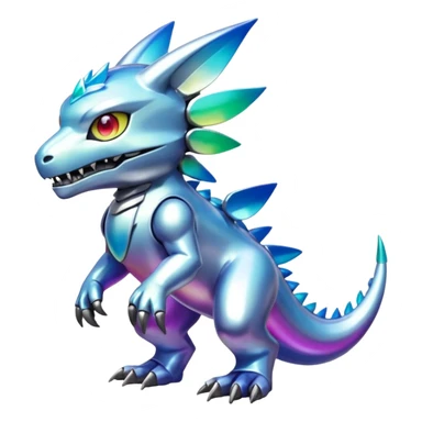 white iridescent colorful metallic alloy gradient shiny glossy Fakémon-Digimon-creature-hybrid (full body) sticker