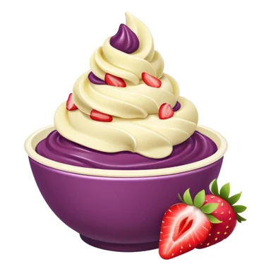 acai purple soft serve in a bowl strawberries and chopped banana sticker