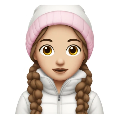 white girl with brown hair and black eyes wearing a white and pink winter outfit sticker