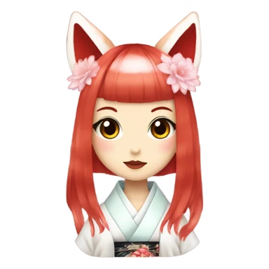hime gyaru girl, kimono, short red hair, kitsune mask sticker