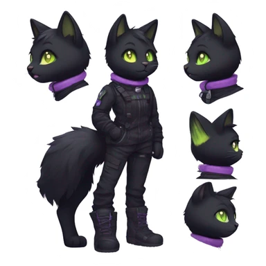 Gorgeous furry dark techwear style anthro black cat furry sona Fakemon with blushing face yellow-green eyes with ponytail, aesthetic and pretty edgy black with violet collar and harness trending style sticker