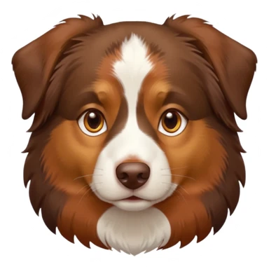 A tri color Australian shepherd with a chocolate brown base coat, red/gold fur on his eyebrows and snout/cheeks, a white chest, and gold eyes sticker