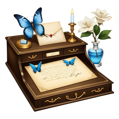 A poetic still life of an antique wooden desk adorned with an ink-stained love letter, a golden-tipped quill resting beside it. A translucent blue butterfly flutters near an elegant perfume bottle, surrounded by ivory gardenias and scattered pearls. sticker