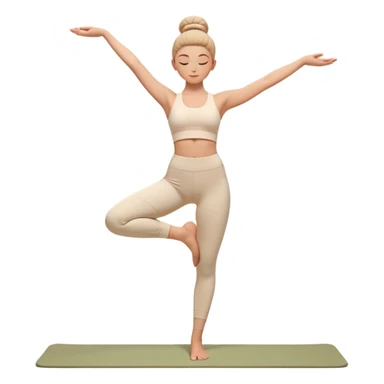 A 3D aesthetic emoji-style illustration of a woman doing yoga in a cozy and minimalist design. She is wearing a soft white yoga outfit and is in a graceful standing pose with one leg lifted and arms elegantly extended. Her skin is warm-toned, and her hair is neatly tied in a bun. The color palette is soft and pastel, featuring beige and warm tones for a soothing, relaxing aesthetic. The design should be smooth, high-quality, and visually similar to Apple’s emoji style but with a softer, more aesthetic touch. sticker