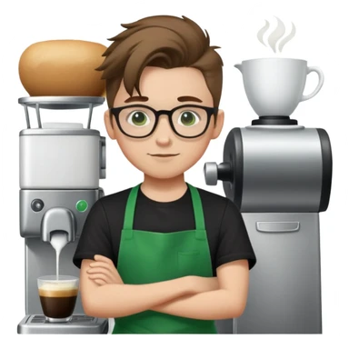 white barista boy with green apron, glasses, brown ponytail and black shirt  sticker