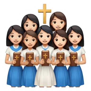 eight asian girls holding bibles and crosses and laughing  sticker