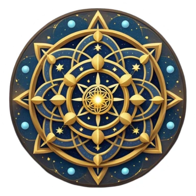 Создай изображение на основе этого промпта: sacred geometry. golden intricate patterns. glowing lines. cosmic dust. deep dark blue background. starry night sky. ethereal light. highly detailed. sharp focus. digital art. high resolution. sticker