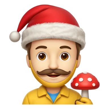 yellow emoji face with brown mustache and red Christmas hat, holding tiny red mushroom, 3D emoji style, 1:1
 sticker