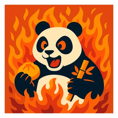 a panda surrounded by fire with food in its paws in a dynamic animated style sticker