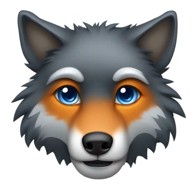 a blacky gray wolf furry head, with right ear orange and left ear blue, right eye blue and left eye orange, sad sticker
