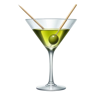 martini glass with completely colorless transparent liquid like pure water, with a green olive at the bottom skewered by a toothpick sticker