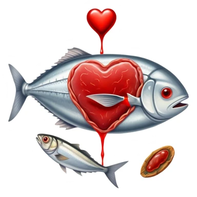 Ethereal red meat, liver, and sardines glowing with magical energy surrounding a bright red blood cell. Mystical light connects the foods to the blood cell and flows toward a heart and muscles, showing heme iron's role in creating vitality and energy throughout the body. sticker