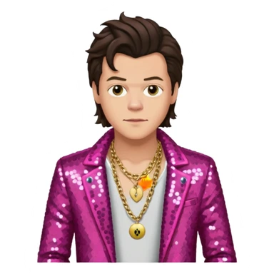 Harry Styles with light skin, long dark brown hair, dark pink sequin jacket, shirtless with necklace sticker