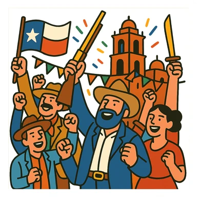 Texans celebrating and cheering after taking over Mexico City in 1867, festive mood sticker
