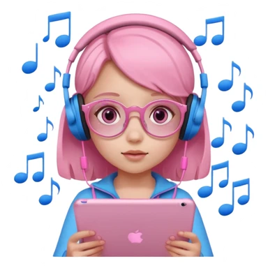 Little girl with headphones when pink eyes and pink iPad and pink dreamy background and rose colored glasses and blue music notes around her sticker