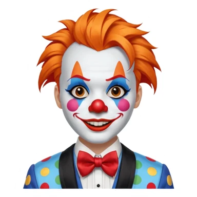 Orange hair styled in upward tufts.

White face paint, red nose, red lips, and thin black eyebrows.

Wearing a colorful patchwork clown suit with a big blue bow tie.

Happy, cheerful smile. sticker