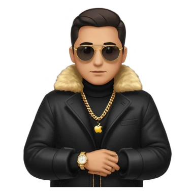 bearded man with slicked back hair, wearing dark sunglasses, a luxurious fur coat over a black turtleneck, gold chains and a watch, minimalist flat design, glossy Apple emoji style, simple facial features, centered full-body icon on white background sticker
