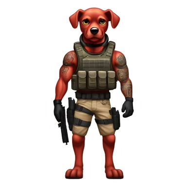 Black ops 6 Desert storm humanoid Clifford the red dog muscled with tattoos on arms book illustration as a military call of duty character standing alone with submachine  sticker