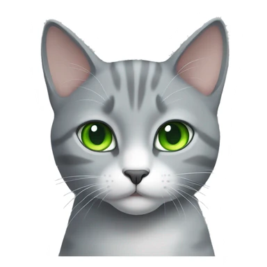 Gray cat with green eyes and white chest sticker