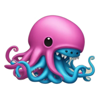 a blue kraken fighting  has another pink kraken sticker