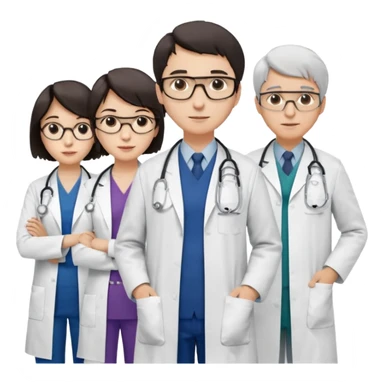 Four doctors standing together:

a female doctor with dark-colored short bob hair,

a young male doctor,

an older male doctor with white hair wearing glasses,

and a female doctor wearing glasses. sticker