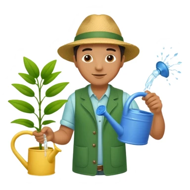 man pouring water onto a green plant,  with a watering can in hand,  sticker