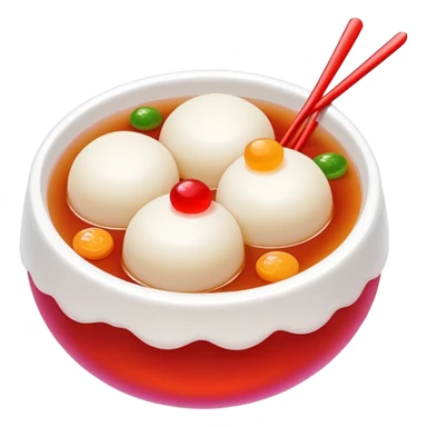Sweet rice balls Tangyuan in syrup with colorful fillings, simplified emoji style with bold outlines and bright colors, cartoon style traditional Chinese dessert sticker