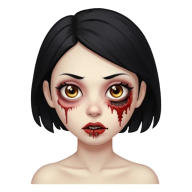 Make an emoji of a zombie woman with black hair, almond-shaped brown eyes and a labret piercing on her left lip. sticker