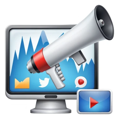 An icon featuring a megaphone, a billboard, and social media icons, symbolizing advertising and public relations. The design includes a press release and a rising graph, representing brand promotion and communication strategies. Transparent background highlights media influence and outreach. sticker