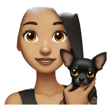 Pretty girl with long straight black hair, brown eyes, holding a black and tan chihuahua sticker