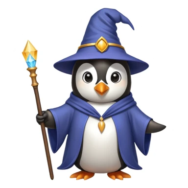 Penguin wearing wizard hat and robe holding a magic wand sticker