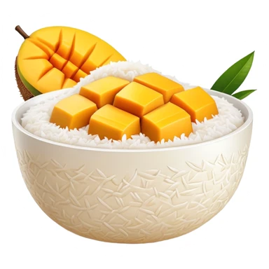 cinematic-realistic-mango-sticky-rice-dessert-emoji,-showcasing-sweet-sticky-rice out of a mould-paired-with-ripe-mango-slices-and-coconut-milk-rendered-with-lifelike-detail-and-warm,-inviting-lighting with the coconut  milk over the rice sticker