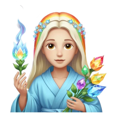 a being made of light pleidian nordic long faces but beautiful features of light with a robe on made of light and who is lanky holding a bouquet of crystal flowers on rainbow fire sticker