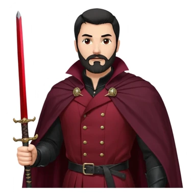 
Hombre de unos 30-40 años, alto, fuerte..
Rostro anguloso, barba bien recortada, cejas marcadas, mirada dura y orgullosa.
Castaño oscuro o negro, peinado hacia atrás.
Ropa de noble — chaqueta ajustada, capa corta, botas altas y espada al cinto. Colores oscuros (rojo vino, negro, granate) sticker