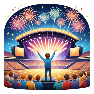 An icon showing a stadium stage with a concert in full swing, bright stage lights illuminating the performers, and fireworks bursting in the sky. The excitement of the crowd is palpable, symbolizing a love for live music and unforgettable shows. transparent background. sticker