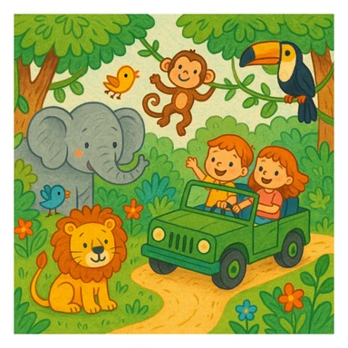 hand drawn digital illustration of jungle safari in the style of children's illustration sticker