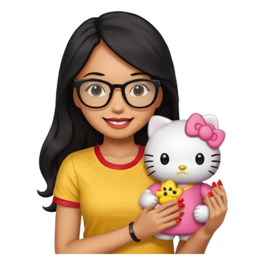 Nails cute with hello kitty wear glasses black long  hair, woman wear yellow shirt , red nails , big hello kitty doll sticker