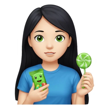 A girl with long black hair and black eyes wearing a blue t-shirt holding a piece of green hard candy in one hand and a green candy wrapper showing a guava on it in the other hand sticker