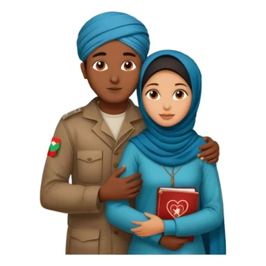 An emotional artistic illustration of an Indian man and an Afghan hijabi girl standing on the maps of India and Afghanistan, symbolically embracing despite the distance, showing love beyond borders. sticker