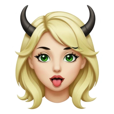 Emoji femme blonde habillée en noir cheveux blond, yeux vert avec de long cils noir qui tire la langue et à des cornes  sticker