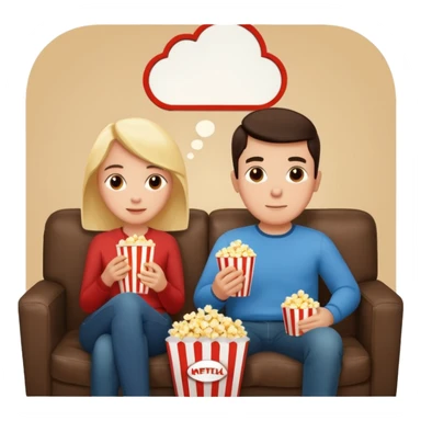Crea un emoji dove un uomo e una donna mangiano i pop corn su un divano e guardano la tv, nella tv ci deve essere scritto netflix sticker
