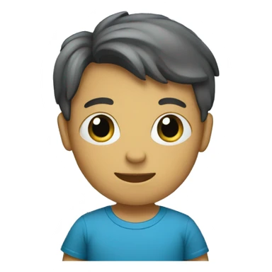 A boy with a curtain and a blue T-shirt sticker