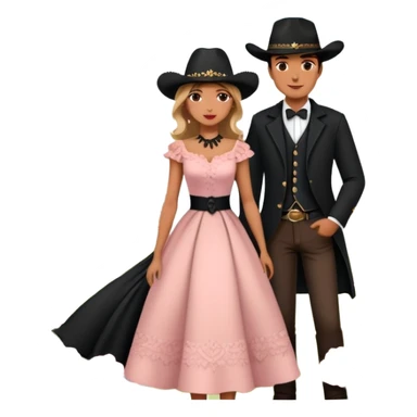 couple in front of Eiffel Tower, man in black cowboy hat, woman in elegant Parisian style dress without hat, pink flowers around and Eiffel Tower in the background  sticker